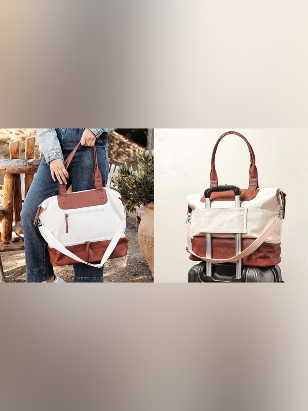 Graf Lantz Canvas and Vegan Leather Travel Tote Bag - Natural Canvas & Brown